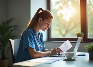 Infirmiers libéraux : les bonnes pratiques pour une comptabilité simplifiée Infirmière en bureau organisant des documents financiers