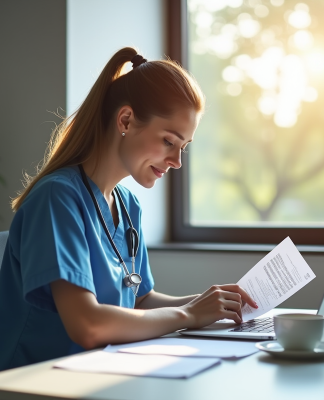 Infirmière en bureau organisant des documents financiers