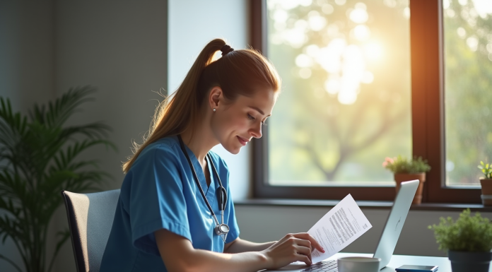 Infirmière en bureau organisant des documents financiers