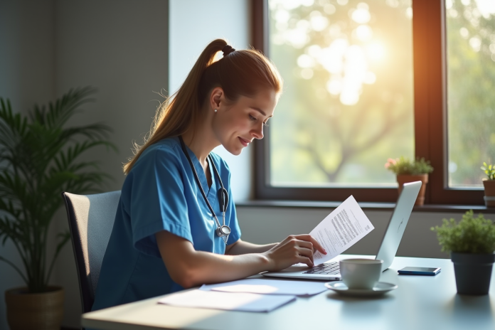 bureau-soins-finances Infirmière en bureau organisant des documents financiers