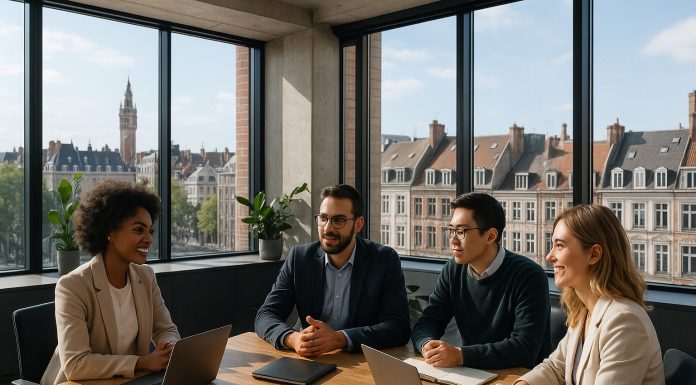 Photo d'un bureau moderne à Lille avec professionnels en réunion