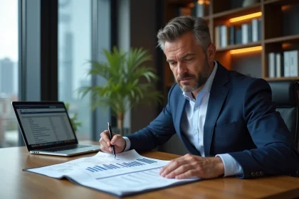 Homme d'affaires en costume marine r&eacute;visant des documents de cession commerciale sur un bureau en ch&ecirc;ne dans un bureau professionnel moderne