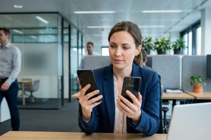 Femme professionnelle comparant un smartphone personnel et un téléphone fourni par l'entreprise dans un bureau moderne