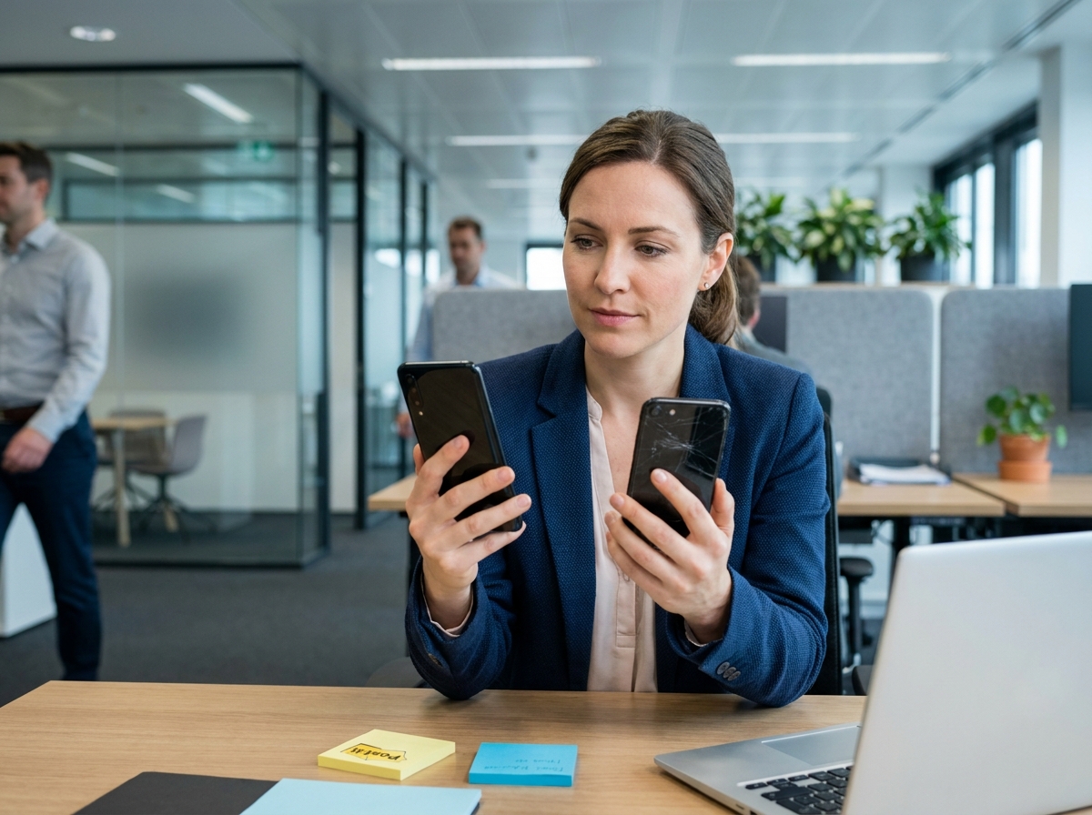 Femme professionnelle comparant un smartphone personnel et un téléphone fourni par l'entreprise dans un bureau moderne