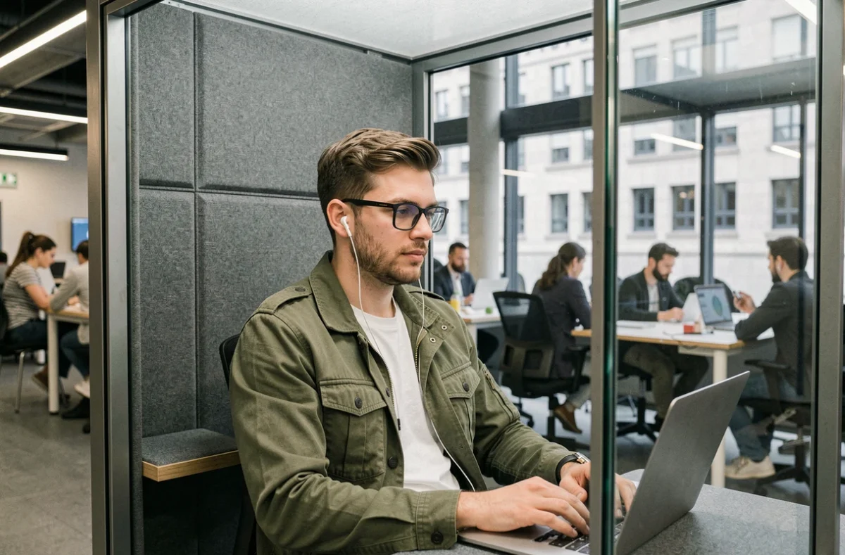 Jeune professionnel en visioconférence dans une cabine acoustique d'un espace de coworking à Lyon Part-Dieu