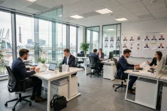 Vue d'ensemble d'un cabinet de recrutement moderne dans les Hauts-de-Seine avec des professionnels en train de consulter des CV