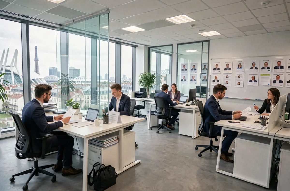 Vue d'ensemble d'un cabinet de recrutement moderne dans les Hauts-de-Seine avec des professionnels en train de consulter des CV