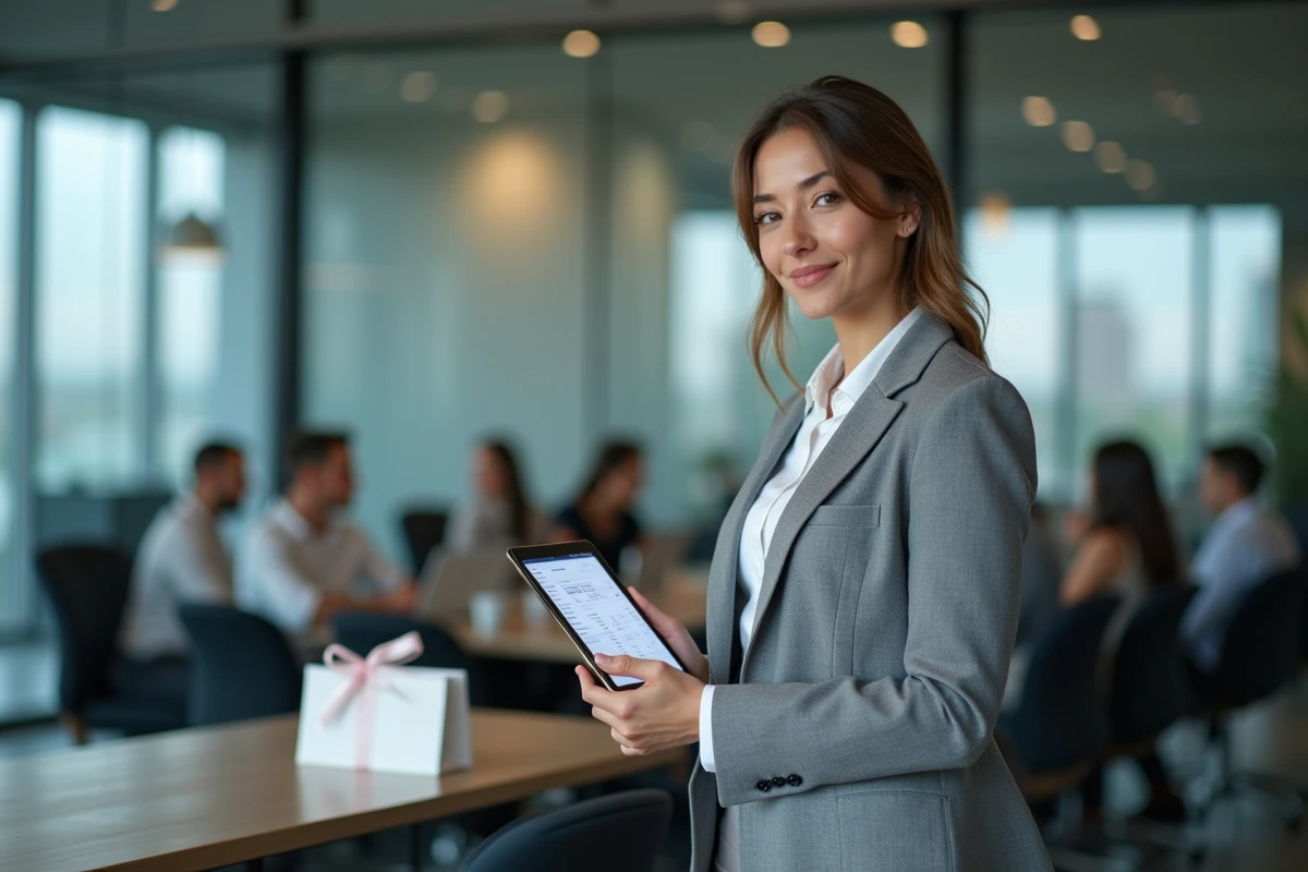 Responsable RH avec tablette affichant un bilan comptable et un cadeau entreprise sur la table de réunion