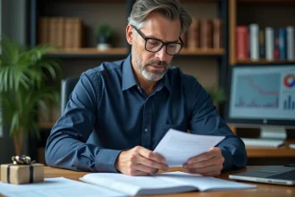 Comptable examinant des documents fiscaux avec un cadeau salarié posé sur son bureau en entreprise