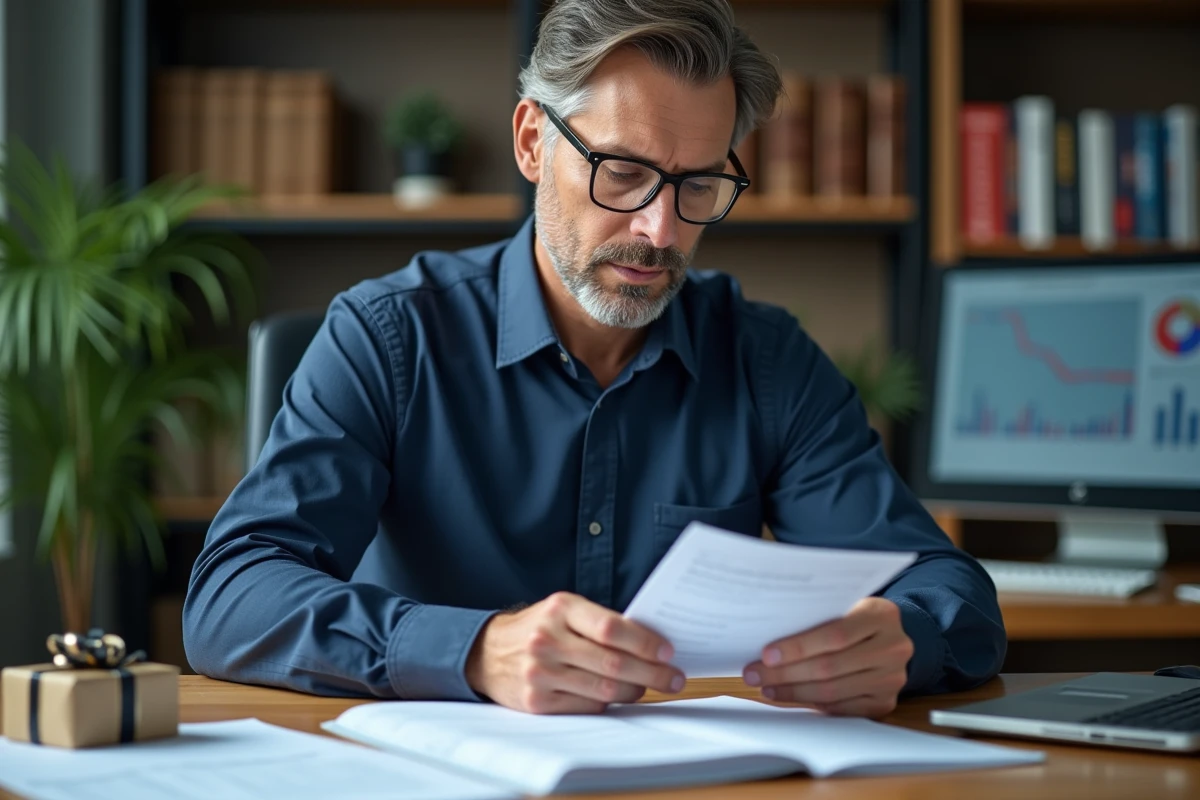 Comptable examinant des documents fiscaux avec un cadeau salarié posé sur son bureau en entreprise