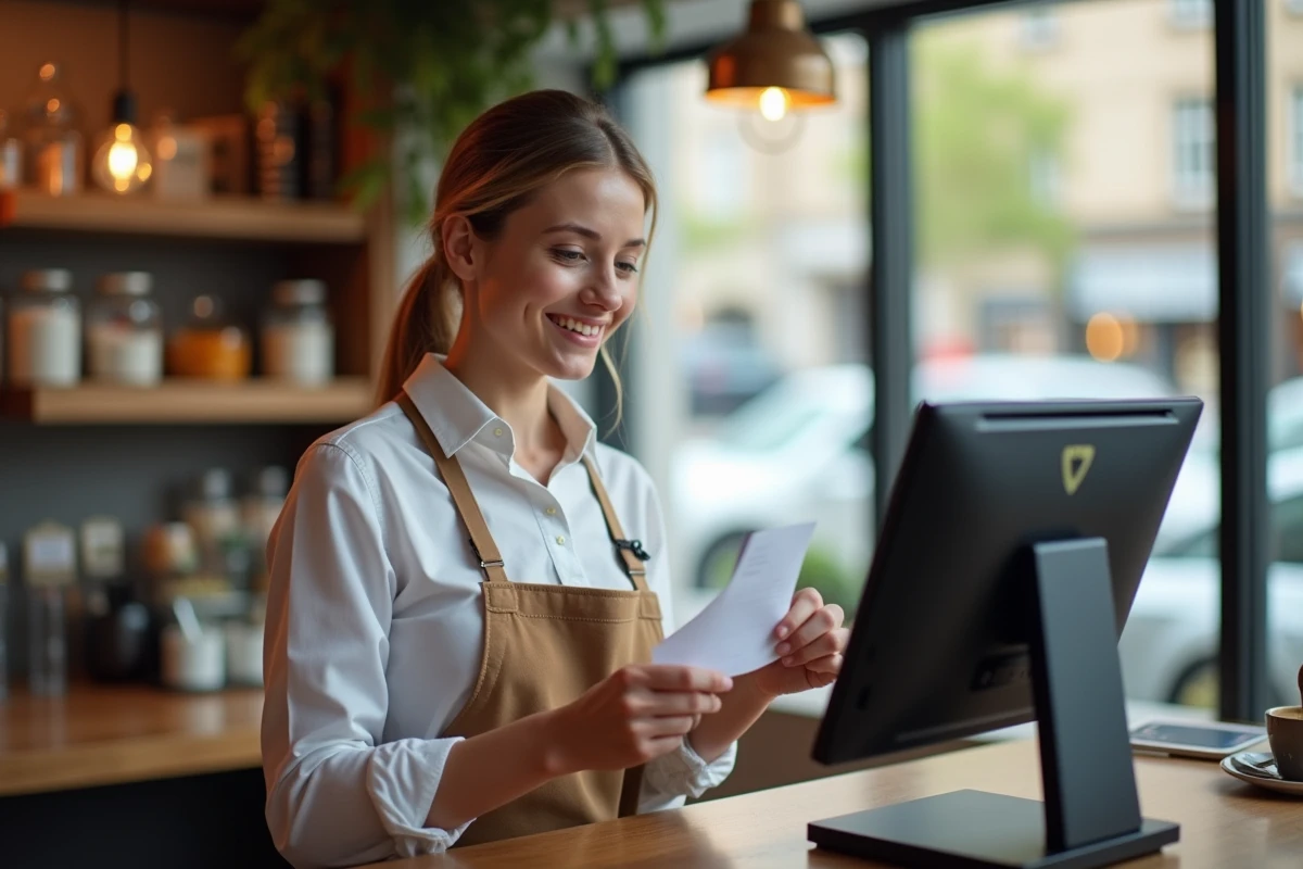 Caissière souriante utilisant un terminal digital dans un café