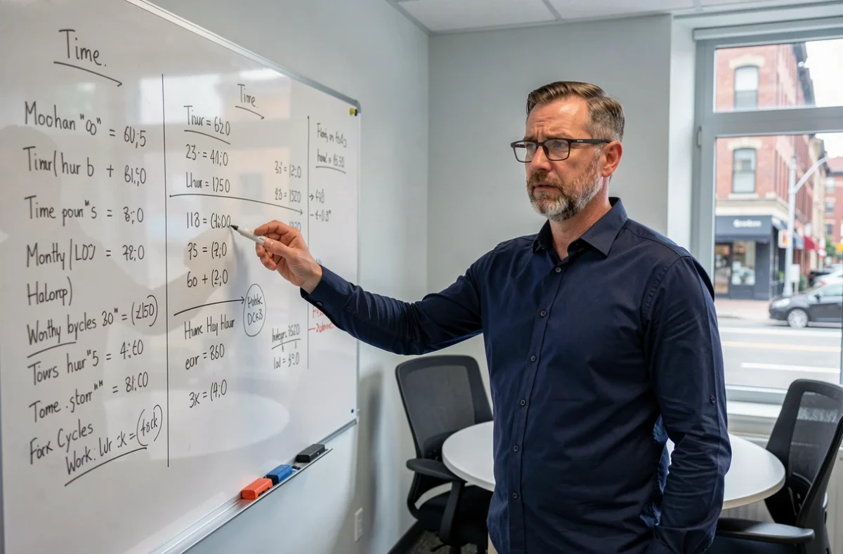 Responsable RH expliquant le calcul de 151,67 heures mensuelles sur un tableau blanc en salle de réunion