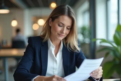 Professionnelle en blazer marine calculant son salaire selon la convention collective 51 avec des documents et une calculatrice sur un bureau moderne