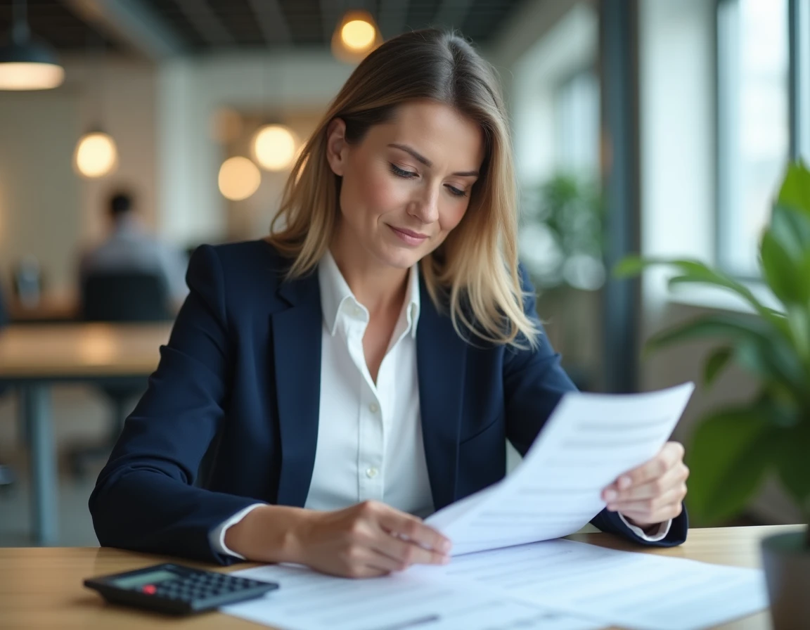 Professionnelle en blazer marine calculant son salaire selon la convention collective 51 avec des documents et une calculatrice sur un bureau moderne
