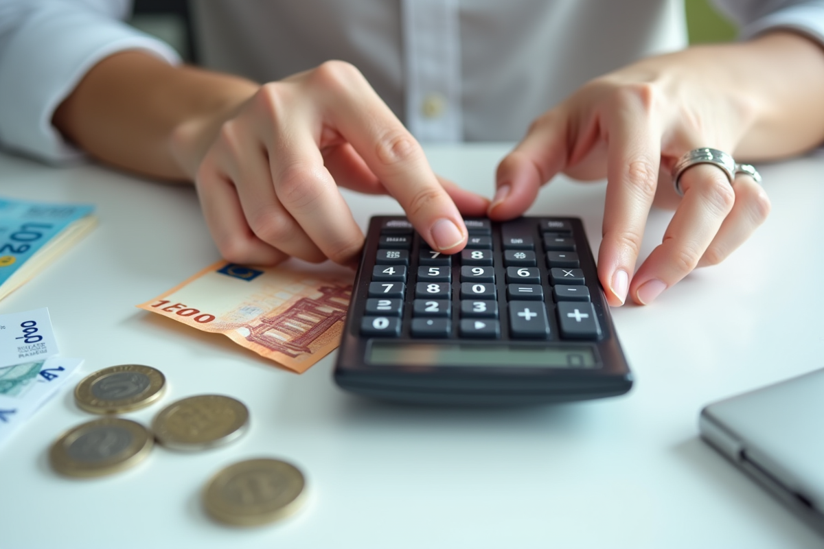Mains tapant sur une calculatrice avec billets et pièces d