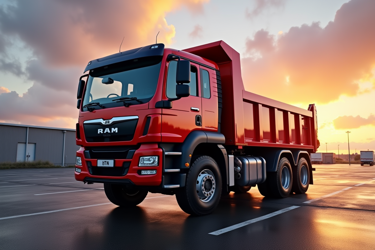Camion benne brillant stationne au lever du soleil dans un lot industriel