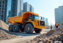 Camion benne de 5 tonnes déchargeant du gravier sur un chantier urbain