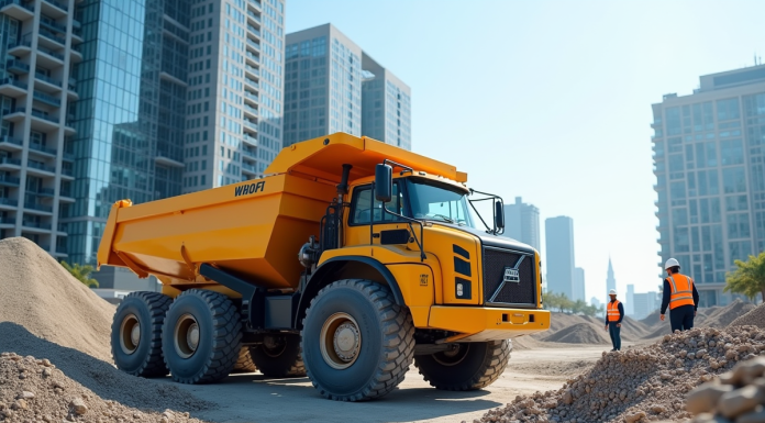 Camion benne de 5 tonnes déchargeant du gravier sur un chantier urbain