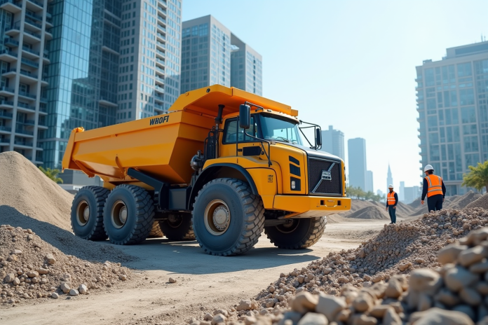 Camion benne de 5 tonnes déchargeant du gravier sur un chantier urbain