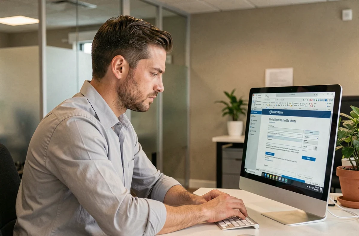 Jeune professionnel remplissant un formulaire de candidature en ligne pour une bourse emploi notaire