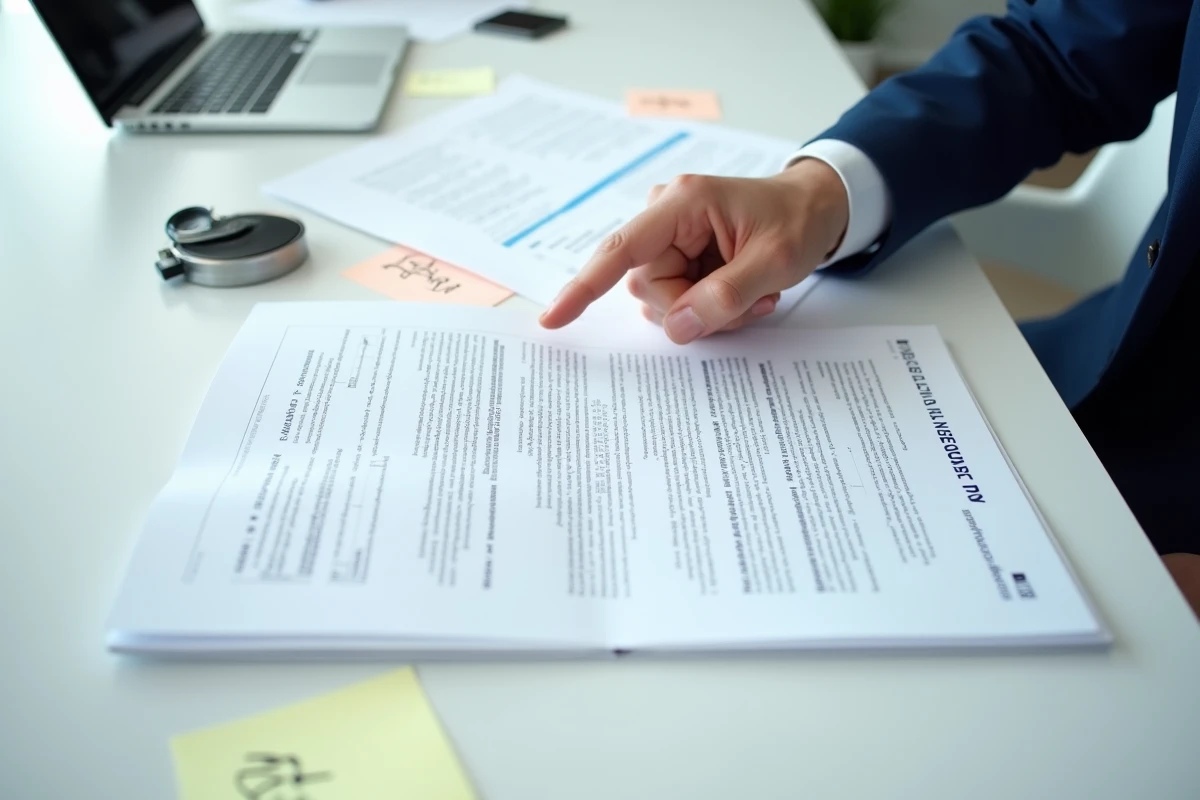 Vue aérienne d'un catalogue fournisseur de boîtes cadeaux avec des documents de contrat annotés sur une table de réunion