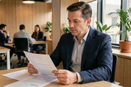 Consultant en portage salarial examinant son contrat CDI dans un espace de coworking moderne