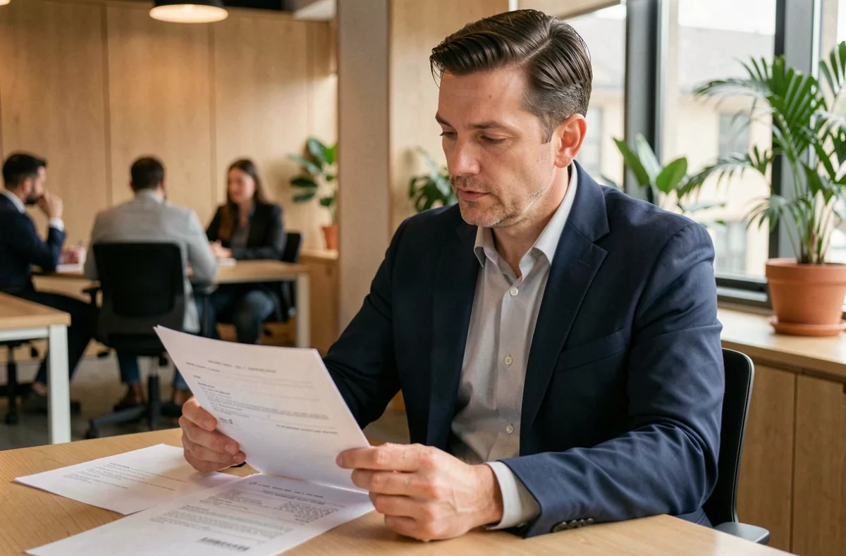 Consultant en portage salarial examinant son contrat CDI dans un espace de coworking moderne