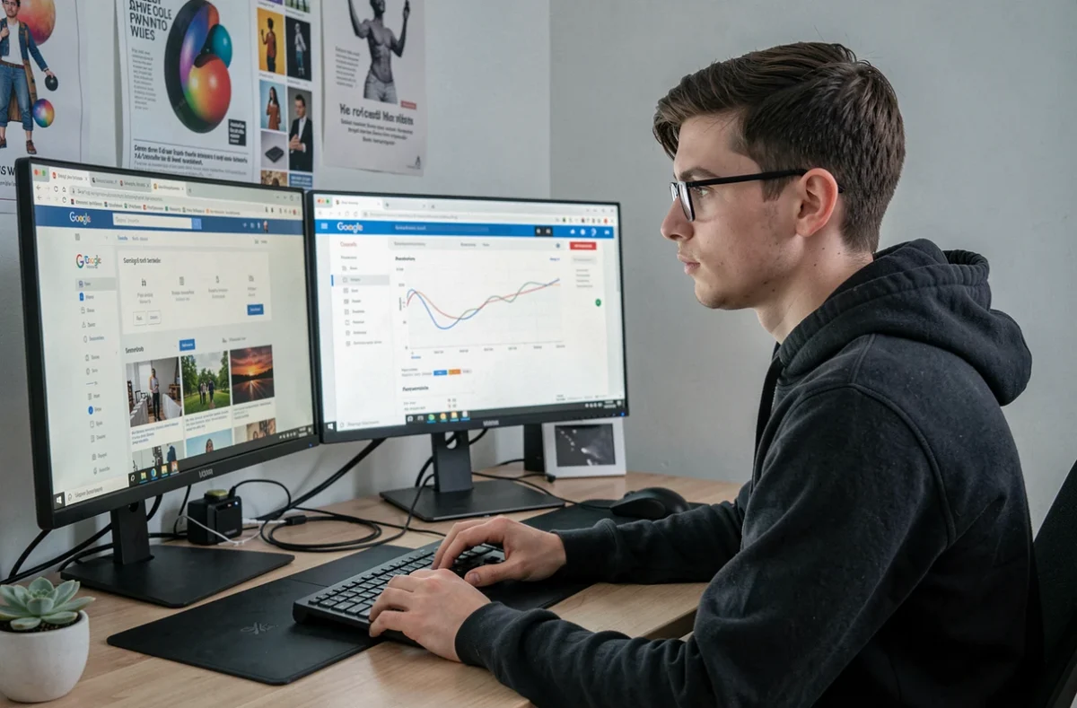 Charly, web designer et expert SEO, travaillant sur un site web et des données Google Search Console dans son studio créatif