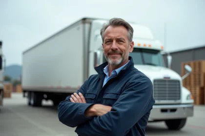 Chauffeur routier professionnel debout devant un camion semi-remorque blanc dans un dépôt logistique, illustrant le métier et le taux horaire des conducteurs routiers en 2026