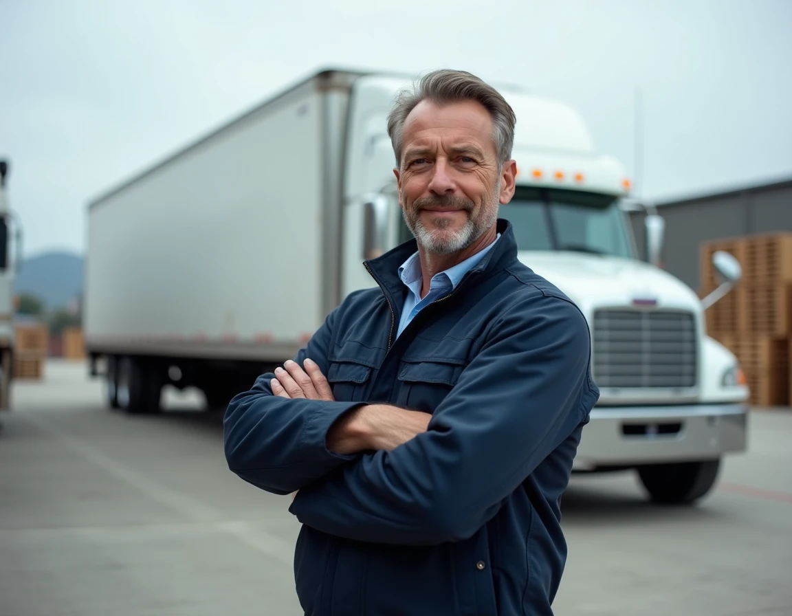 Chauffeur routier professionnel debout devant un camion semi-remorque blanc dans un dépôt logistique, illustrant le métier et le taux horaire des conducteurs routiers en 2026