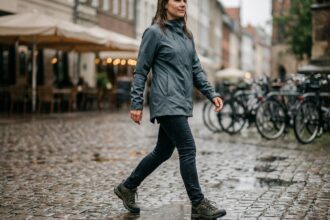 Femme portant des chaussures de marche imperméables sur un trottoir mouillé en ville sous la pluie