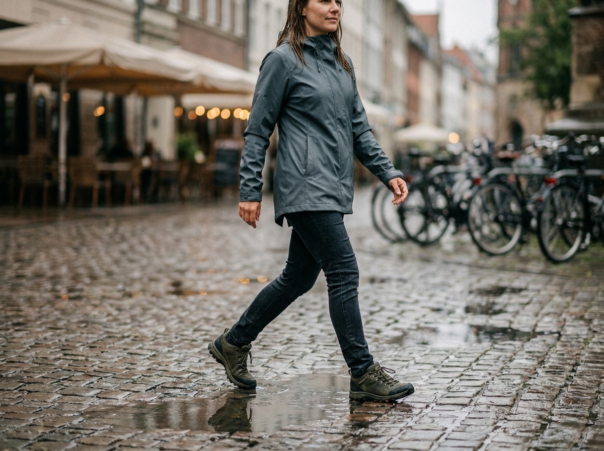 Femme portant des chaussures de marche imperméables sur un trottoir mouillé en ville sous la pluie