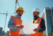 Chef de chantier en sécurité avec plans architecturaux