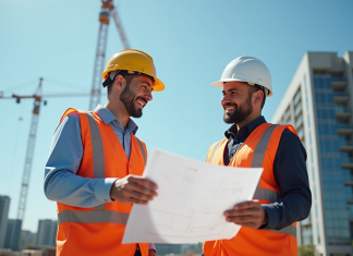 Chef de chantier en sécurité avec plans architecturaux