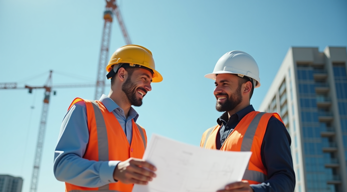 Chef de chantier en sécurité avec plans architecturaux