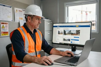 Chef de chantier comparant plusieurs plateformes de gestion de chantiers en ligne sur un écran d'ordinateur dans un bureau de chantier