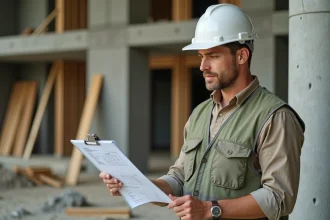 Chef de chantier BTP consultant un devis imprimé sur un chantier de construction résidentielle