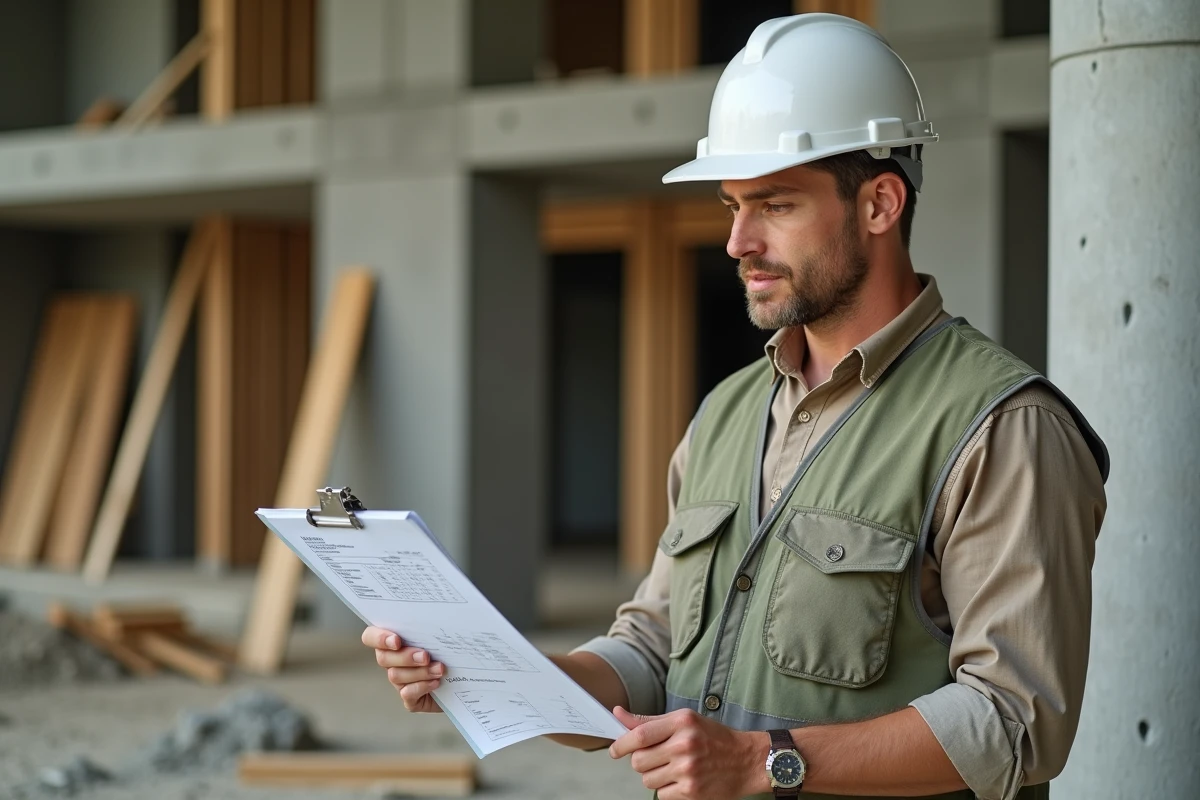 Chef de chantier BTP consultant un devis imprimé sur un chantier de construction résidentielle