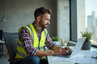 Manager de construction au bureau avec ordinateur et smartphone