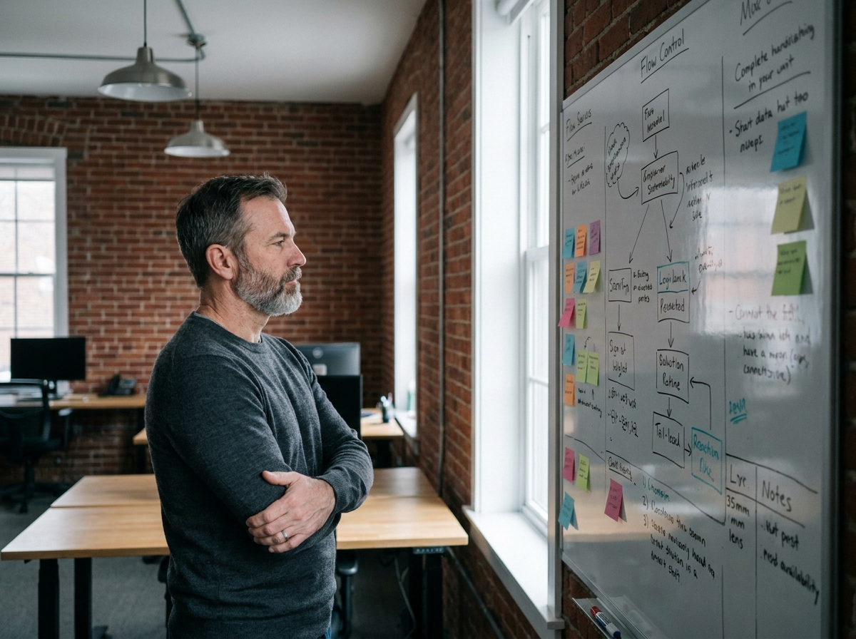 Chef d'entreprise seul devant un tableau stratégique couvert de notes, réfléchissant à une décision commerciale complexe dans un espace de coworking moderne