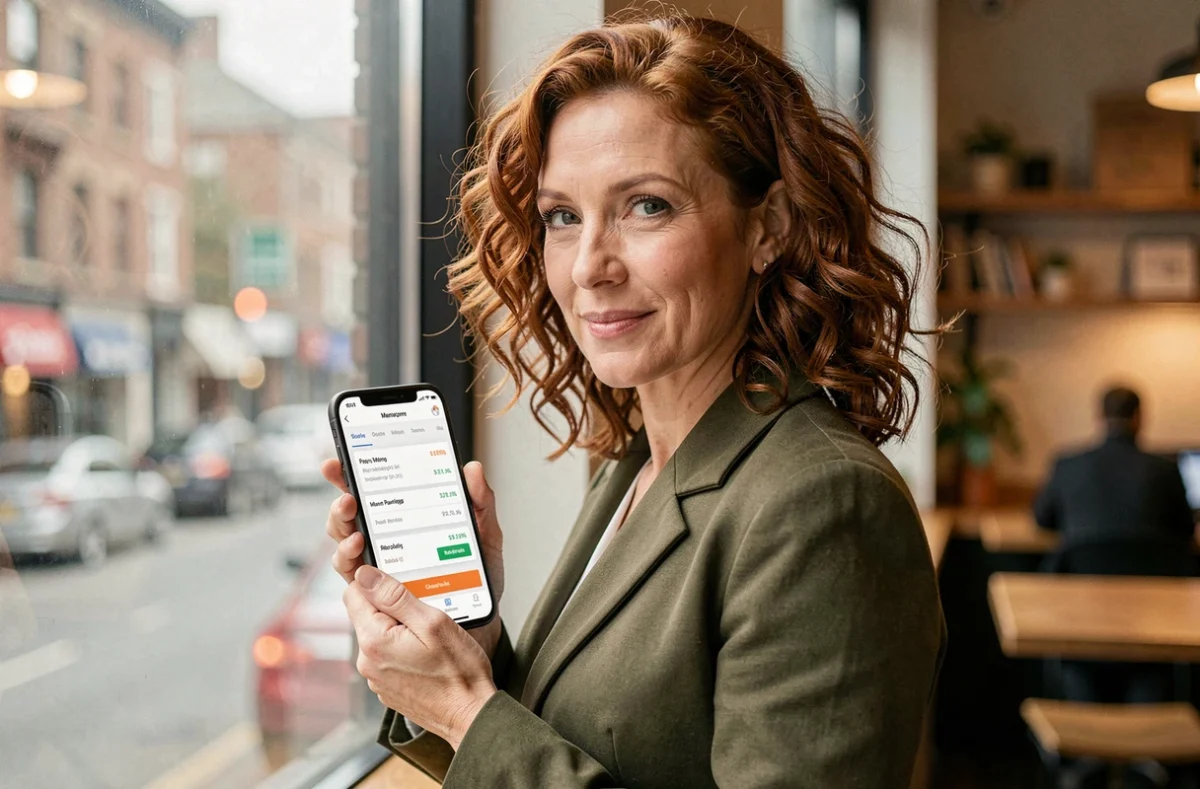 Cheffe d'entreprise consultant une application mobile de gestion de factures et relances clients