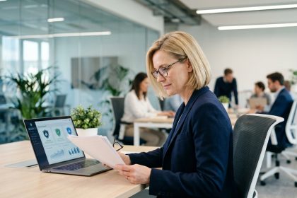 Cheffe d'entreprise examinant un tableau de bord de cybersécurité dans un bureau moderne, symbolisant la gestion proactive des risques numériques