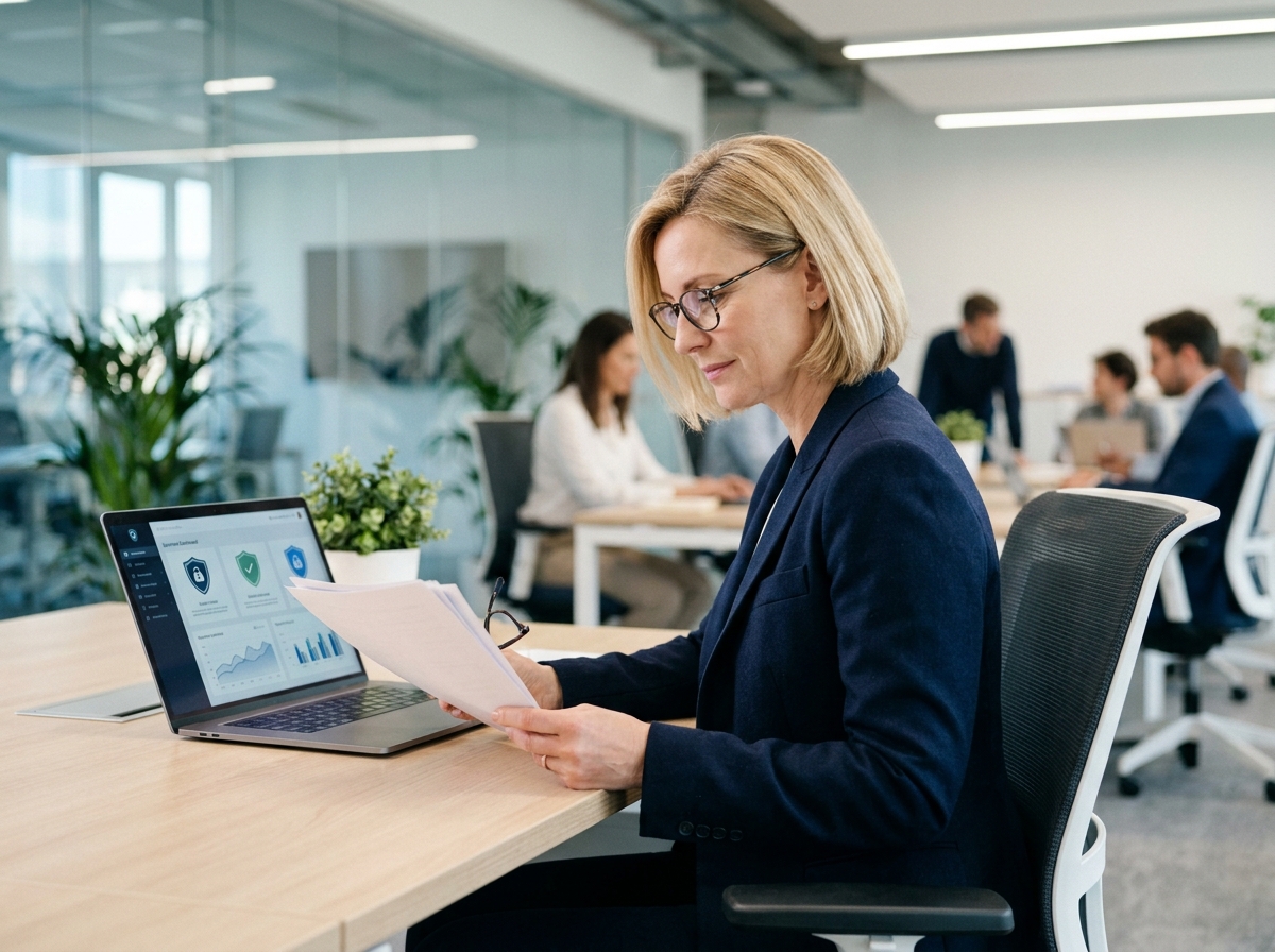 Cheffe d'entreprise examinant un tableau de bord de cybersécurité dans un bureau moderne, symbolisant la gestion proactive des risques numériques