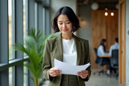 Femme cheffe d'entreprise dans un incubateur éco-industriel local, consultant des documents stratégiques