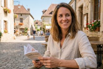 Femme tenant des chèques-vacances en terrasse de café dans un village français ensoleillé