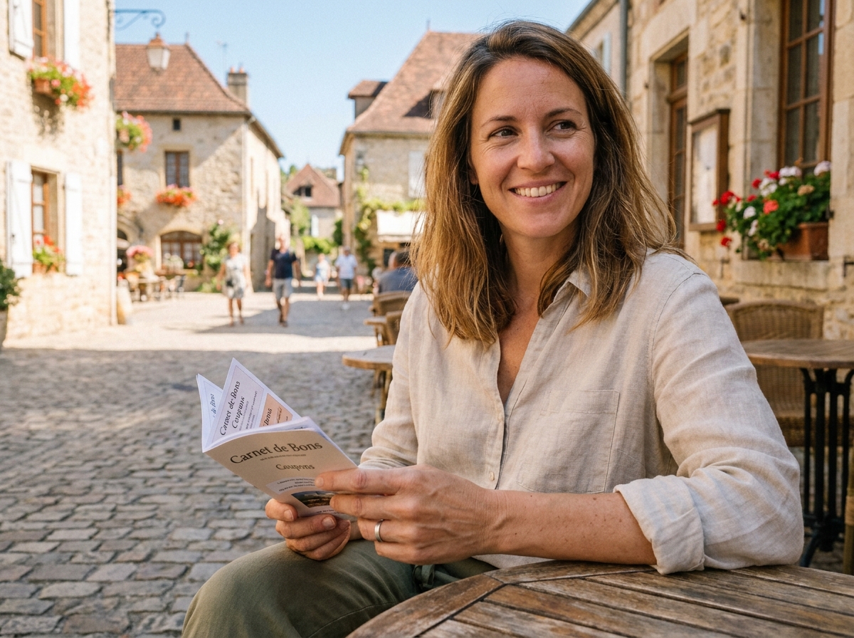 Femme tenant des chèques-vacances en terrasse de café dans un village français ensoleillé