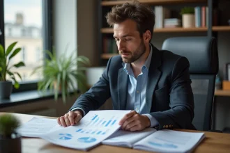 Chercheur homme en bureau avec skyline de Paris