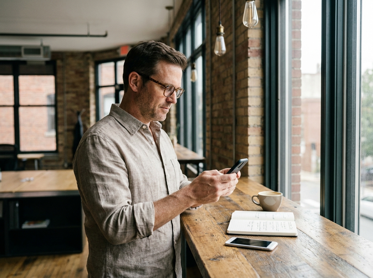 Homme en espace de coworking tenant un téléphone professionnel à côté de son smartphone personnel posé sur un bureau en bois