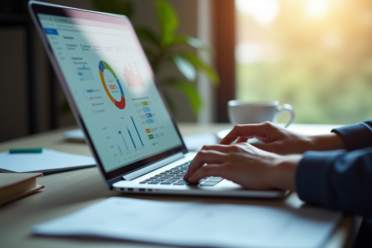 Mains tapant sur un clavier avec tableau de bord marketing visible
