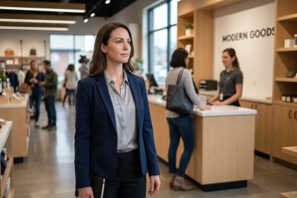 Une cliente mystère en blazer marine observe discrètement une interaction de service dans un point de vente moderne